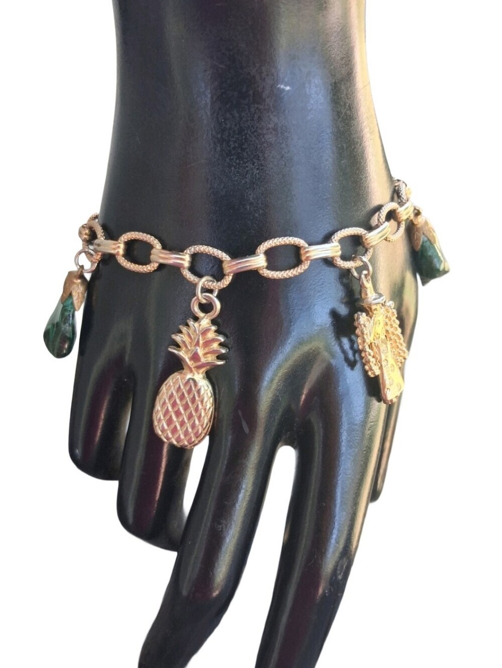 Vintage Tropical Hawaiian Theme Charm Bracelet - Green Malachite & Hula Dancer